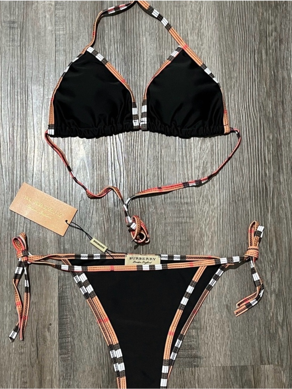 Classic Burberry Plaid Trim Logo Black Triangle Halter Brown Bikini 2-Piece Set